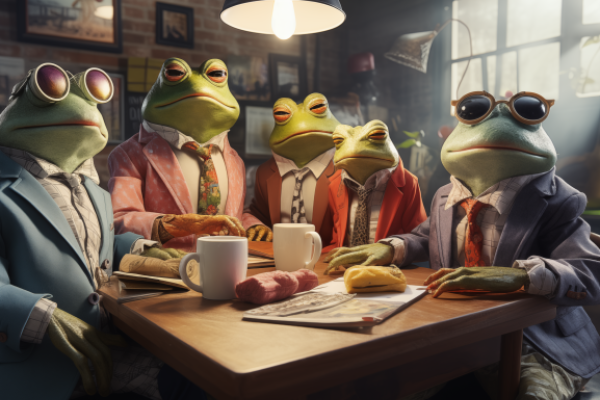 meeting frogs sitting chair different daylight discussion vivid office room square table colourful clothes